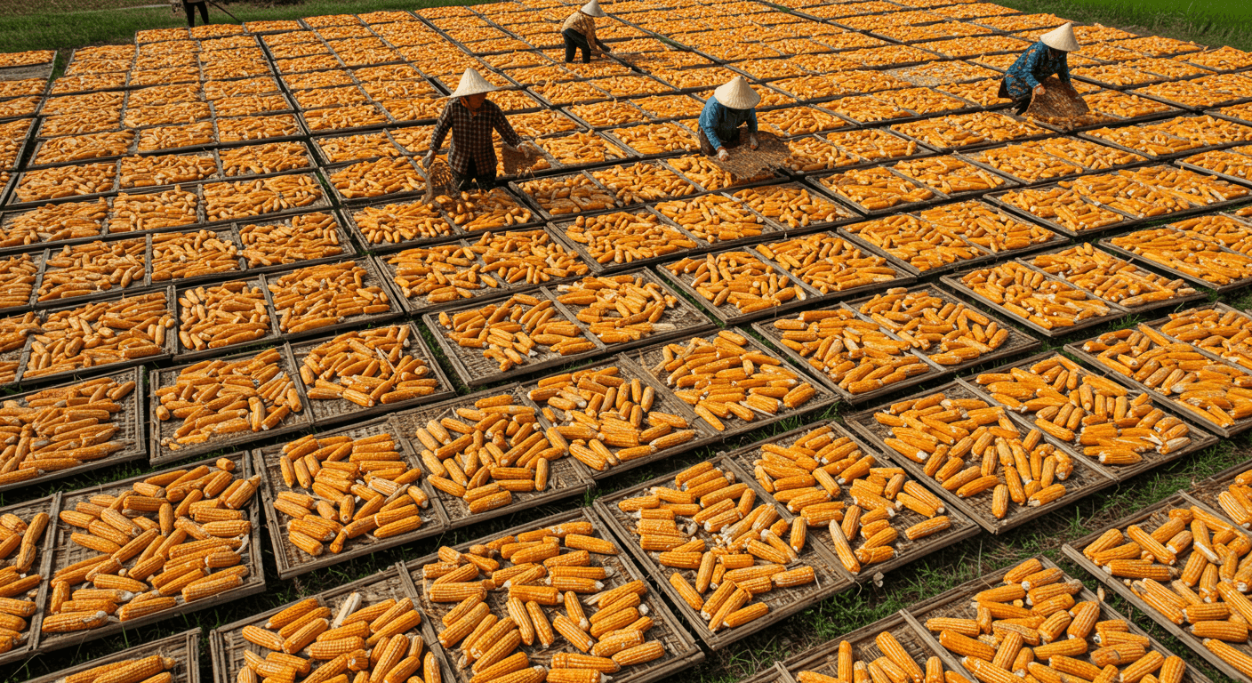 Agricultores secando maíz en Tailandia (imagen generada por IA).