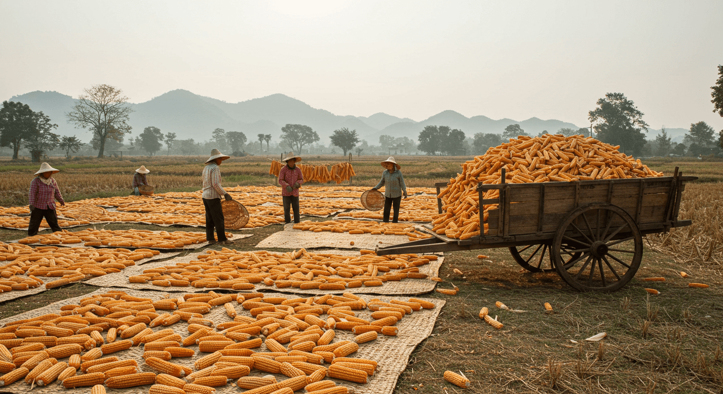 Farmers drying maize in Thailand (AI-generated image).