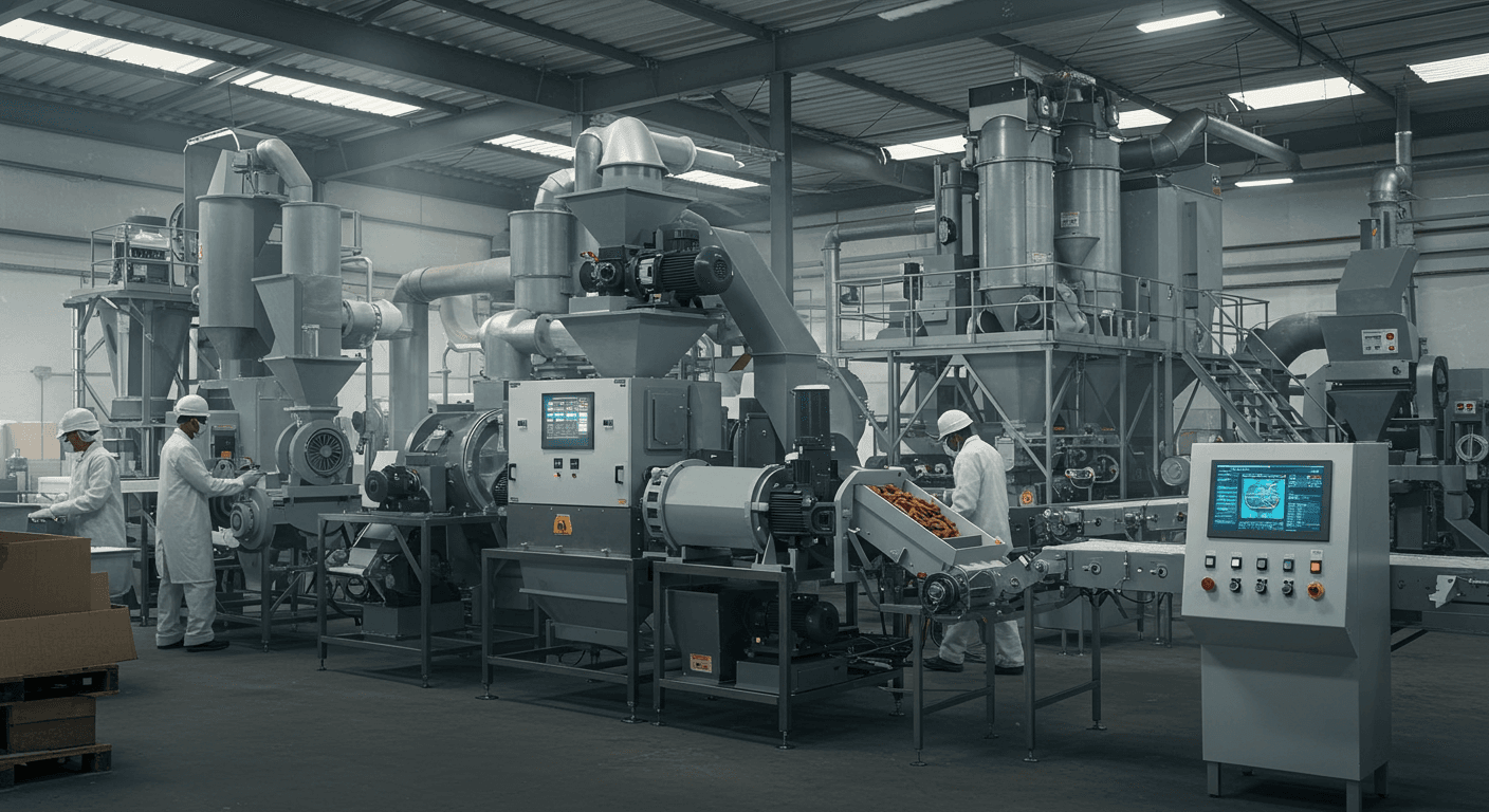 Uma linha de produção de amido de mandioca de alta tecnologia na Nigéria (imagem gerada por IA).