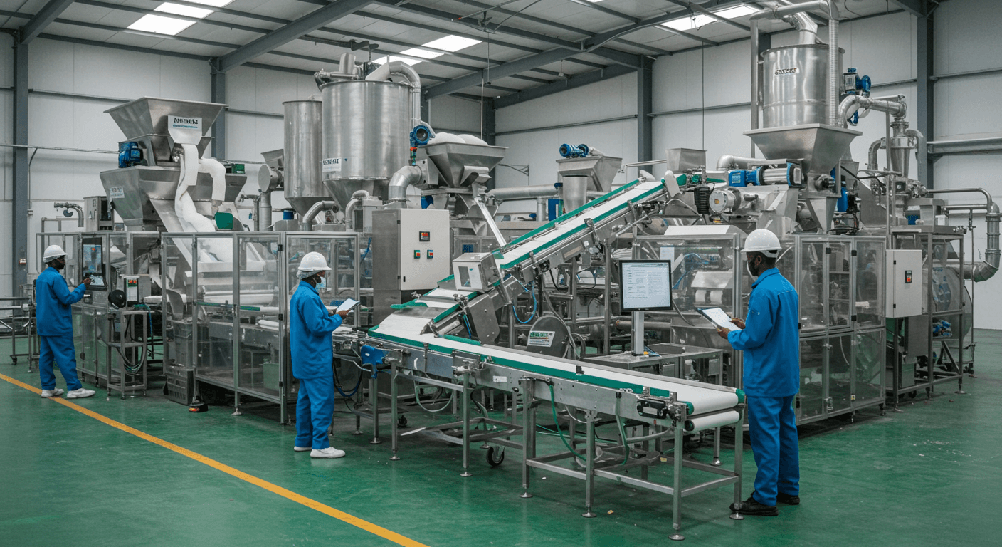 尼日利亚的高科技木薯淀粉生产线（AI 生成的图像）。