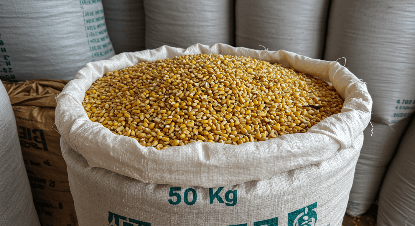 Granos de maíz en un saco de 50 kg en Togo (imagen generada por IA)