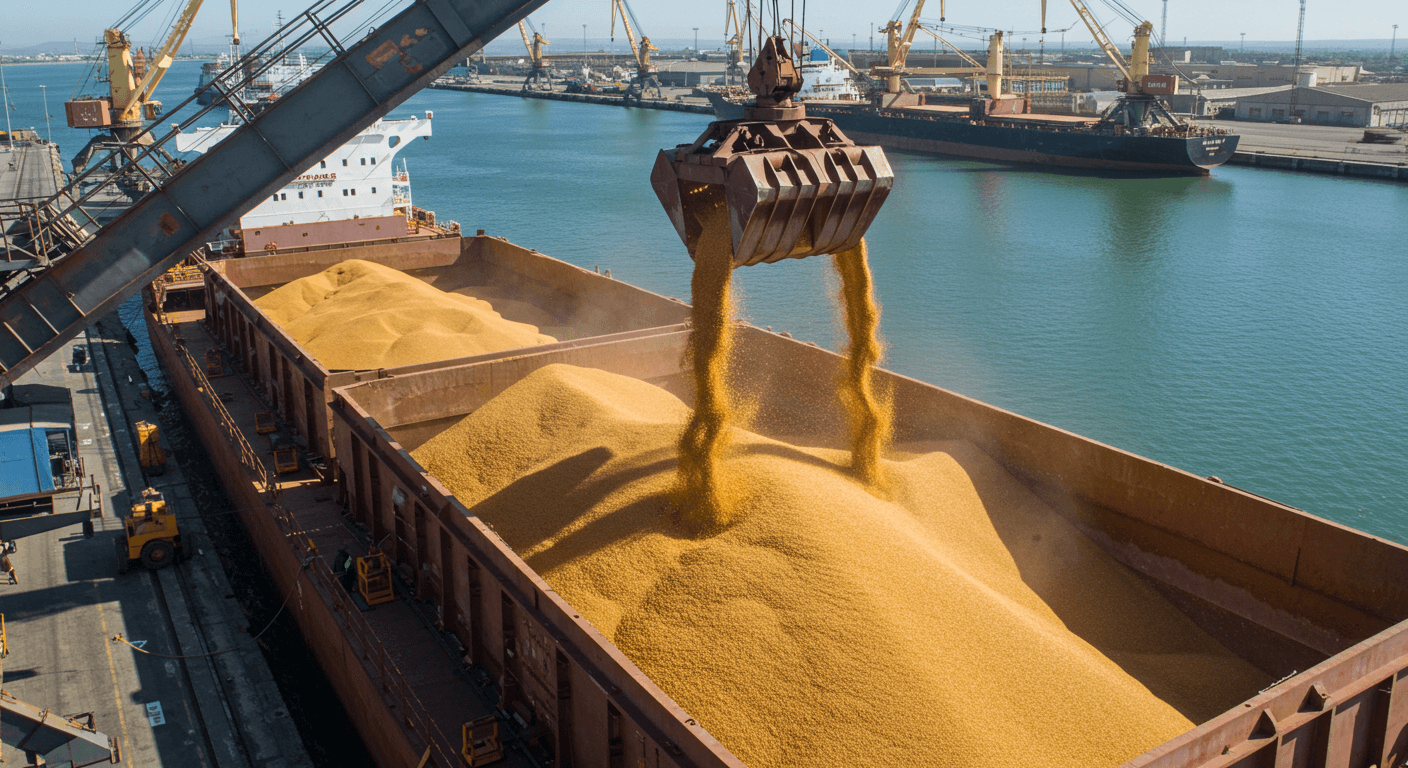 Chargement en vrac de grain de maïs dans un vraquier en Argentine (image générée par l'IA)
