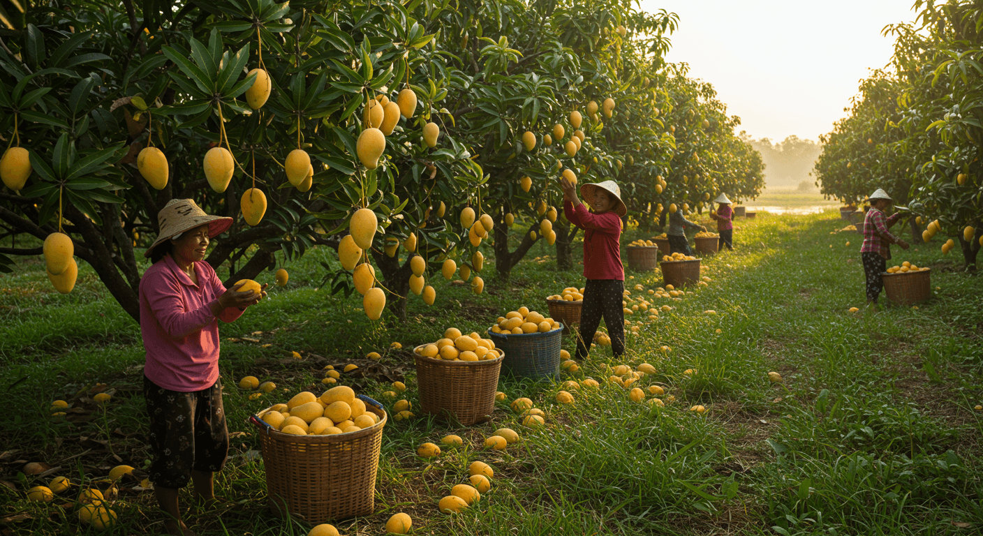 Colheita de mangas no Vietnã (imagem gerada por IA).