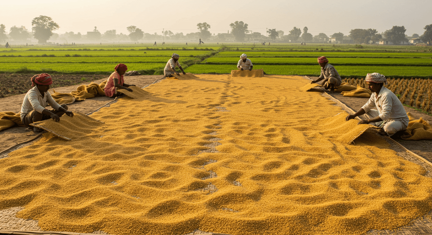 Agricultores secando arroz paddy en India (imagen generada por IA).