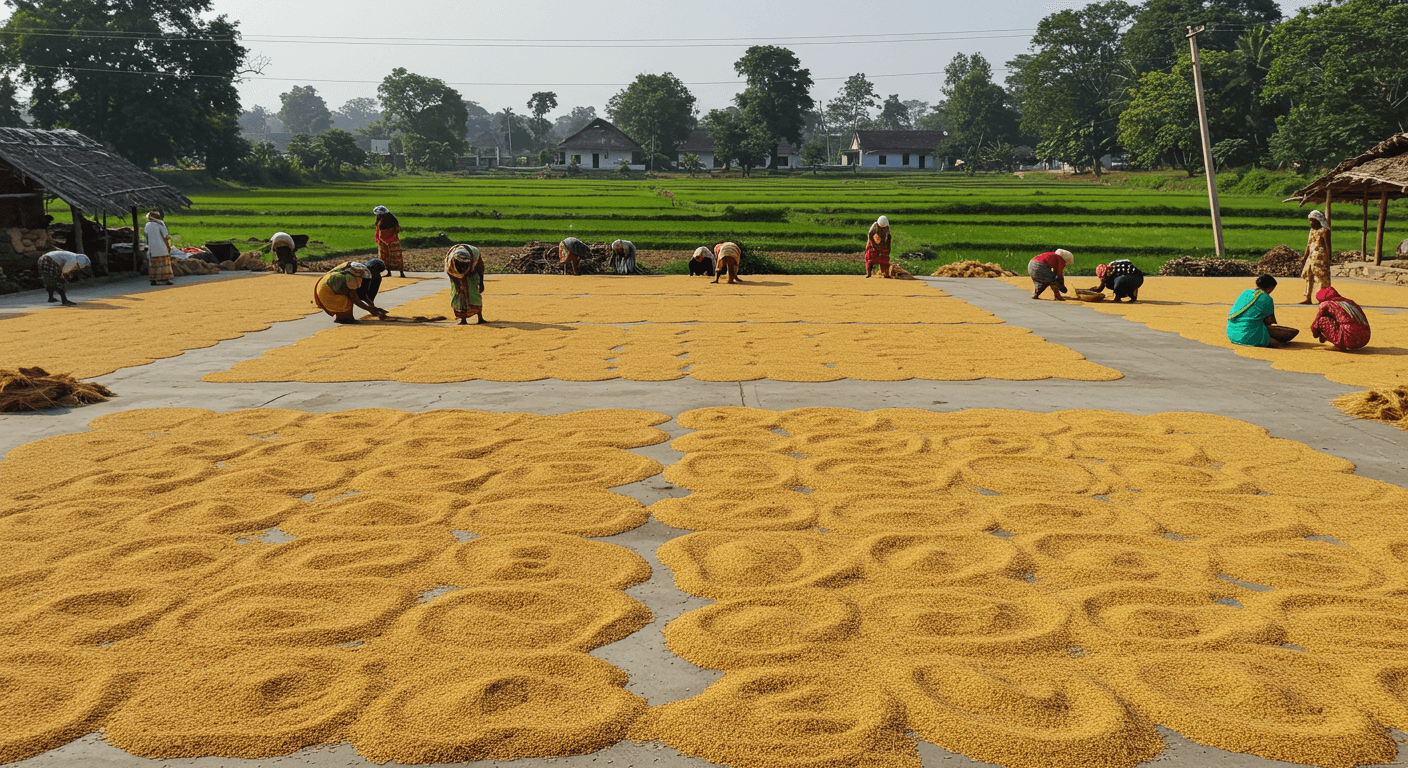 Agricultores secando arroz paddy na Índia (imagem gerada por IA).