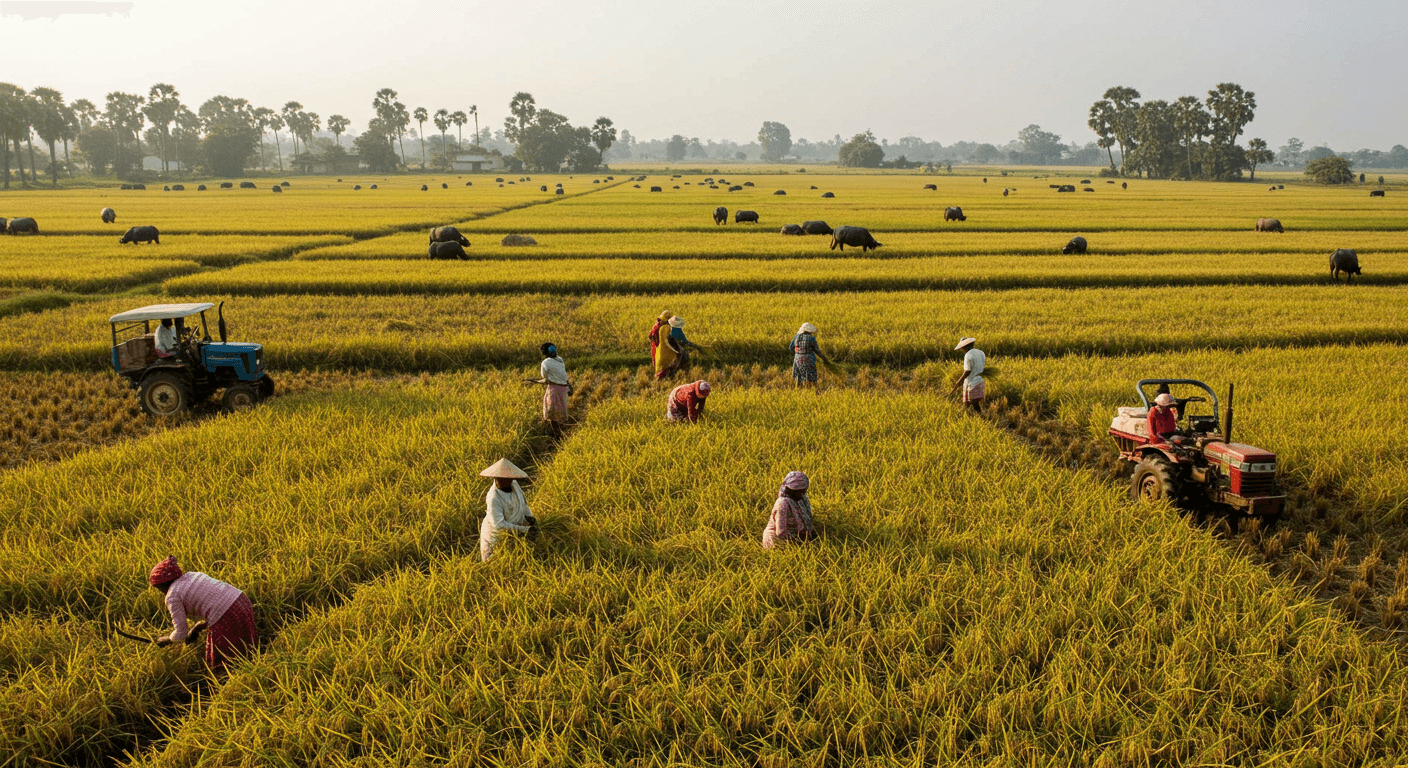 Colheita de arroz na Índia (imagem gerada por IA).