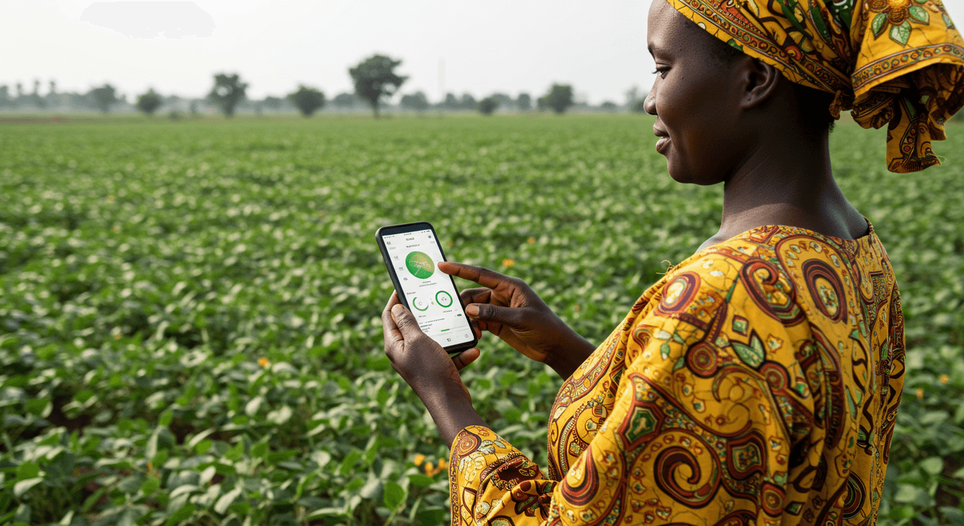 Una agricultora senegalesa utilizó una aplicación móvil para monitorear su campo de soja. (Imagen generada por IA)