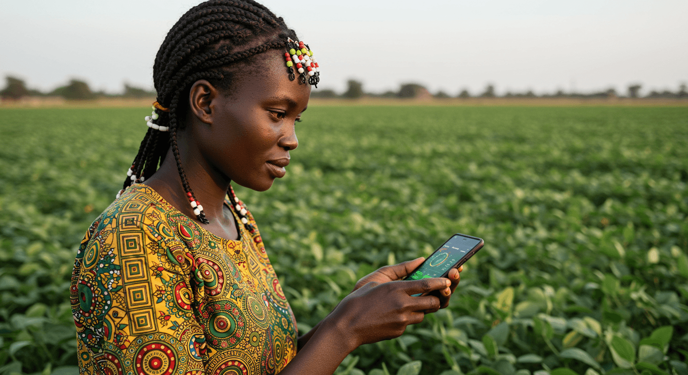 Une agricultrice sénégalaise utilise une application mobile pour surveiller son champ de soja. (Image générée par IA)