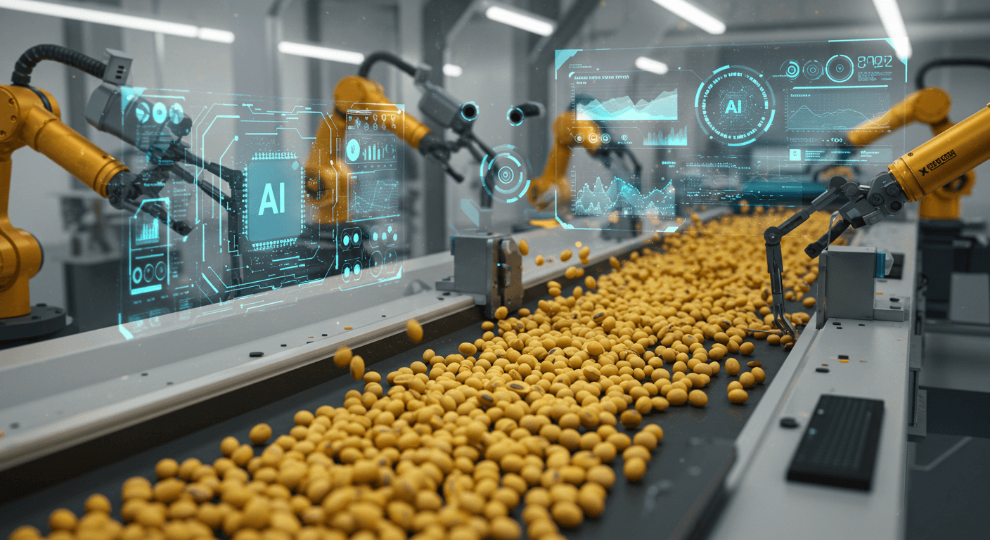 Classificação dos grãos de soja controlada por IA (imagem gerada por IA).
