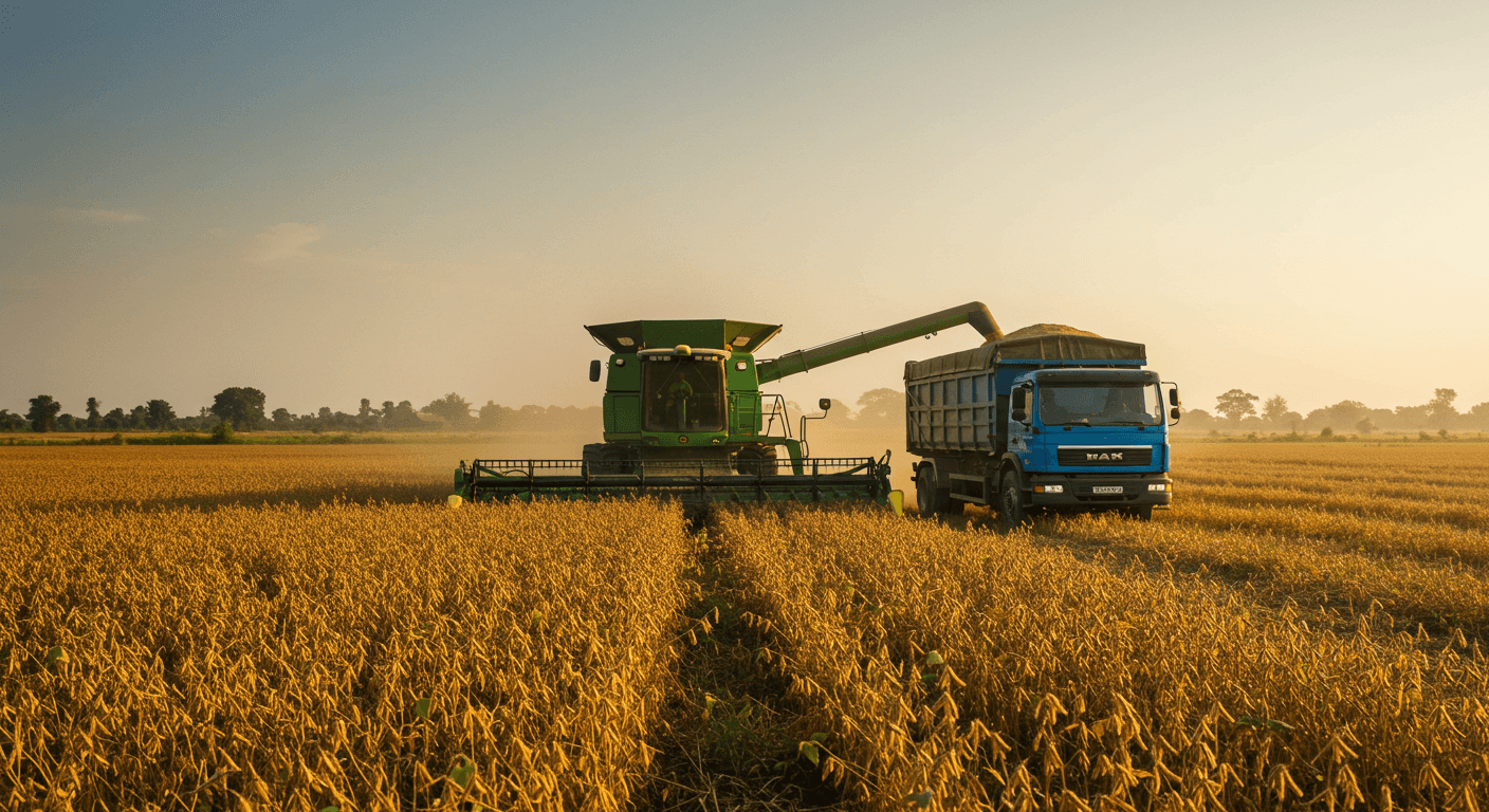 Uma colheitadeira de soja e um caminhão recebendo os grãos de soja colhidos em uma lavoura de soja madura no Togo (imagem gerada por IA).