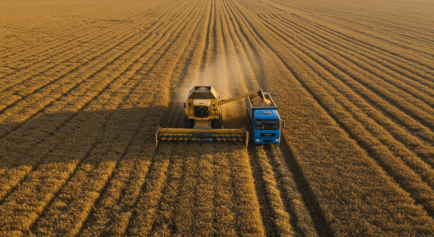 一台大豆联合收割机和一辆卡车在多哥的成熟大豆田里接收收获的大豆（AI 生成的图像）。