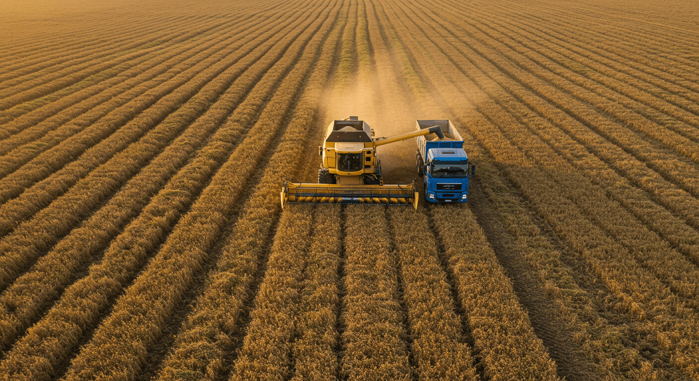 Une moissonneuse-batteuse pour soja et un camion réceptionne les graines de soja récoltées dans un champ de soja mûr au Togo (image générée par IA).