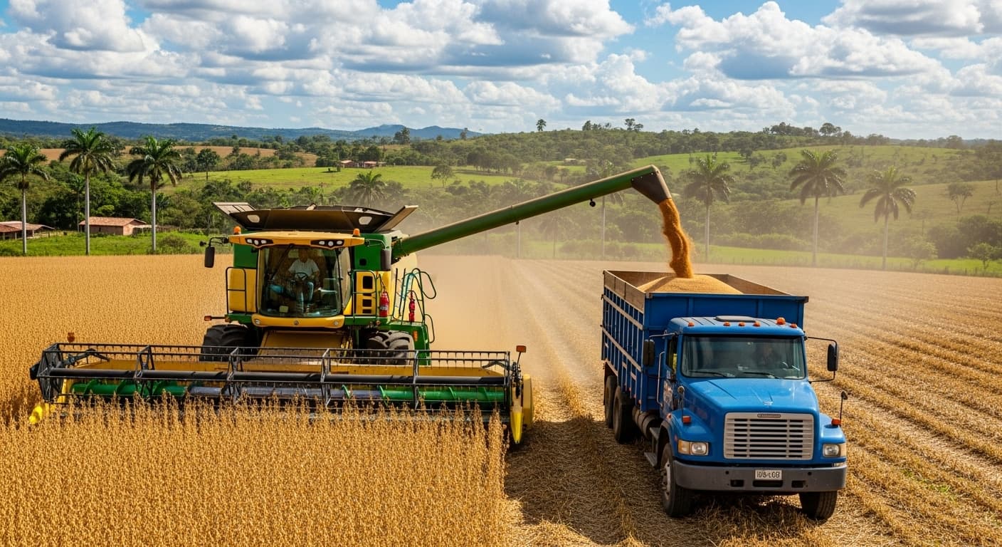 A combine soybean harvester is dropping soybean grains into a truck in Colombia (AI-generated image).