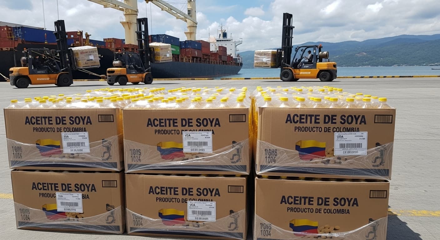 Cartons of soybean oil bottles ready for export from Colombia (AI-generated image).