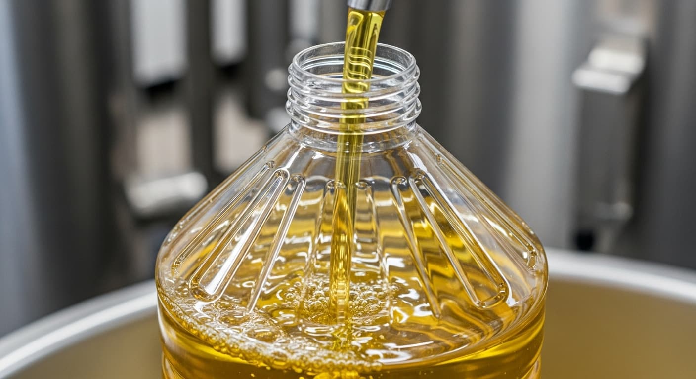 Huile de soja en train d'être remplie dans une bouteille de 5 L (image générée par IA).