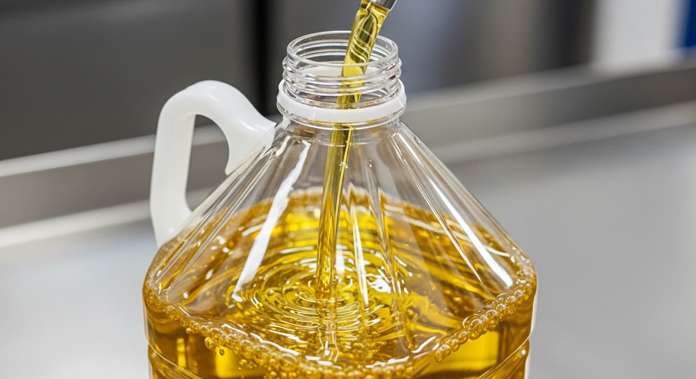 Soybean oil being filled into a 5 L bottle (AI-generated image).