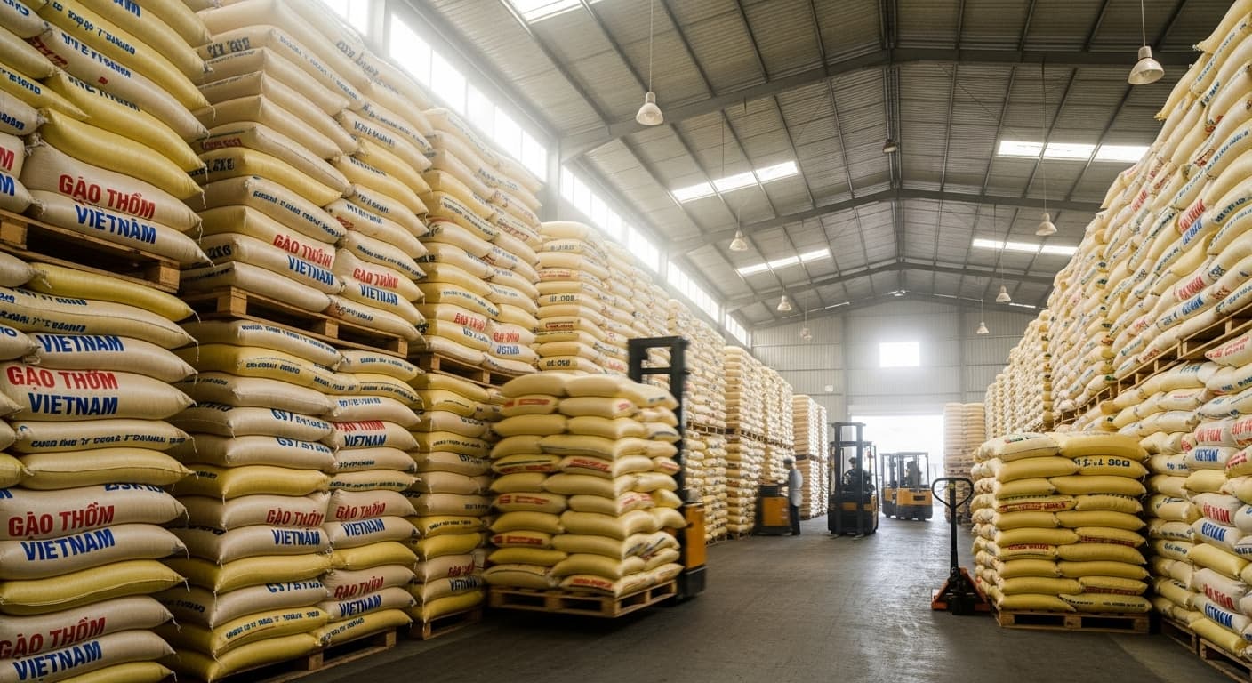 Säcke mit Reis werden in einem Lagerhaus in Vietnam gelagert. (KI-generiertes Bild.)