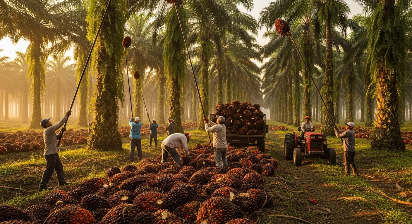 Los agricultores están cosechando racimos de fruto de palma aceitera en una plantación de palma aceitera en Ecuador (imagen generada por IA).