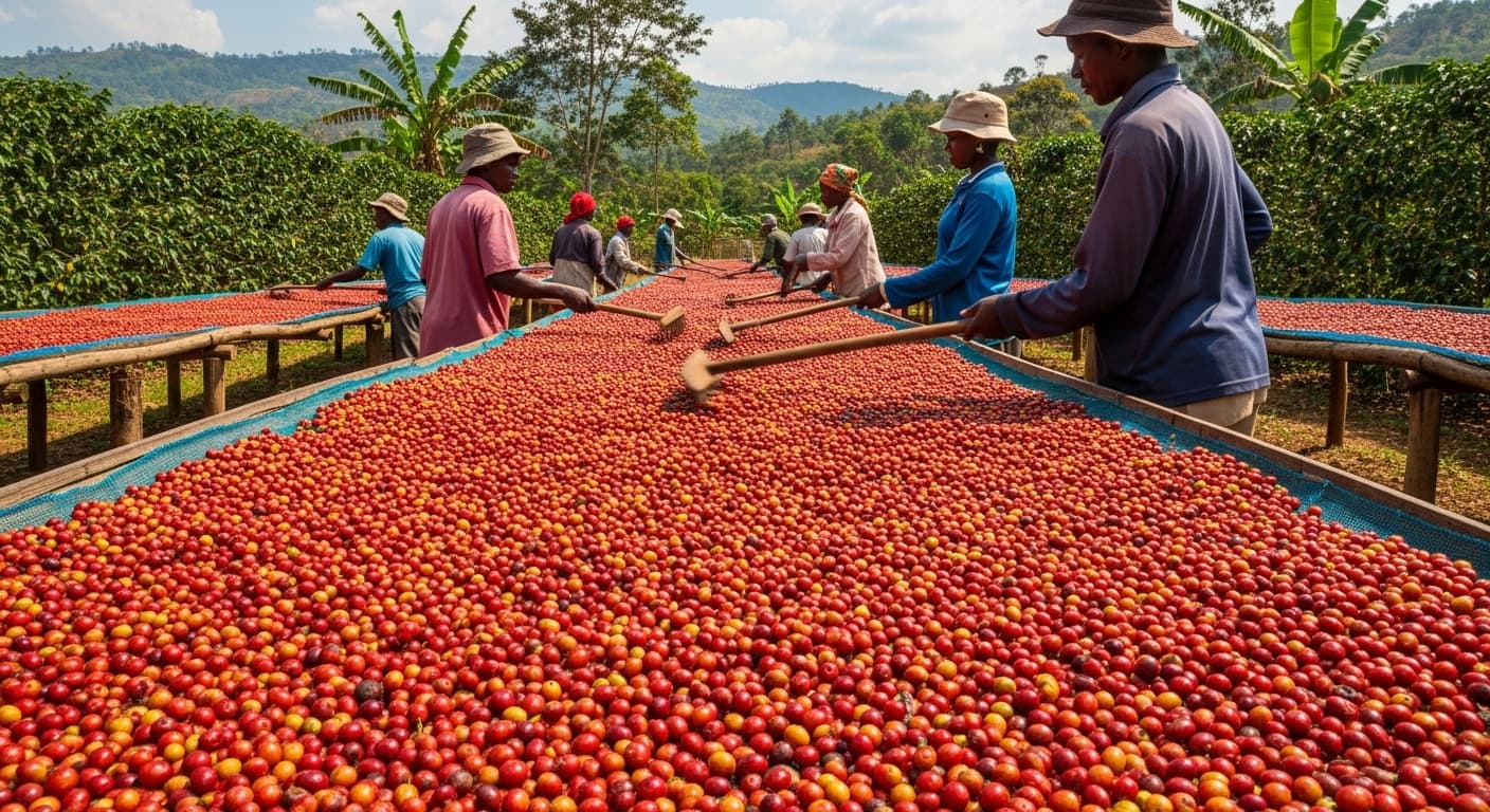 Area esterna di essiccazione del caffè con ciliegie e chicchi di caffè in Uganda (immagine generata dall'IA)