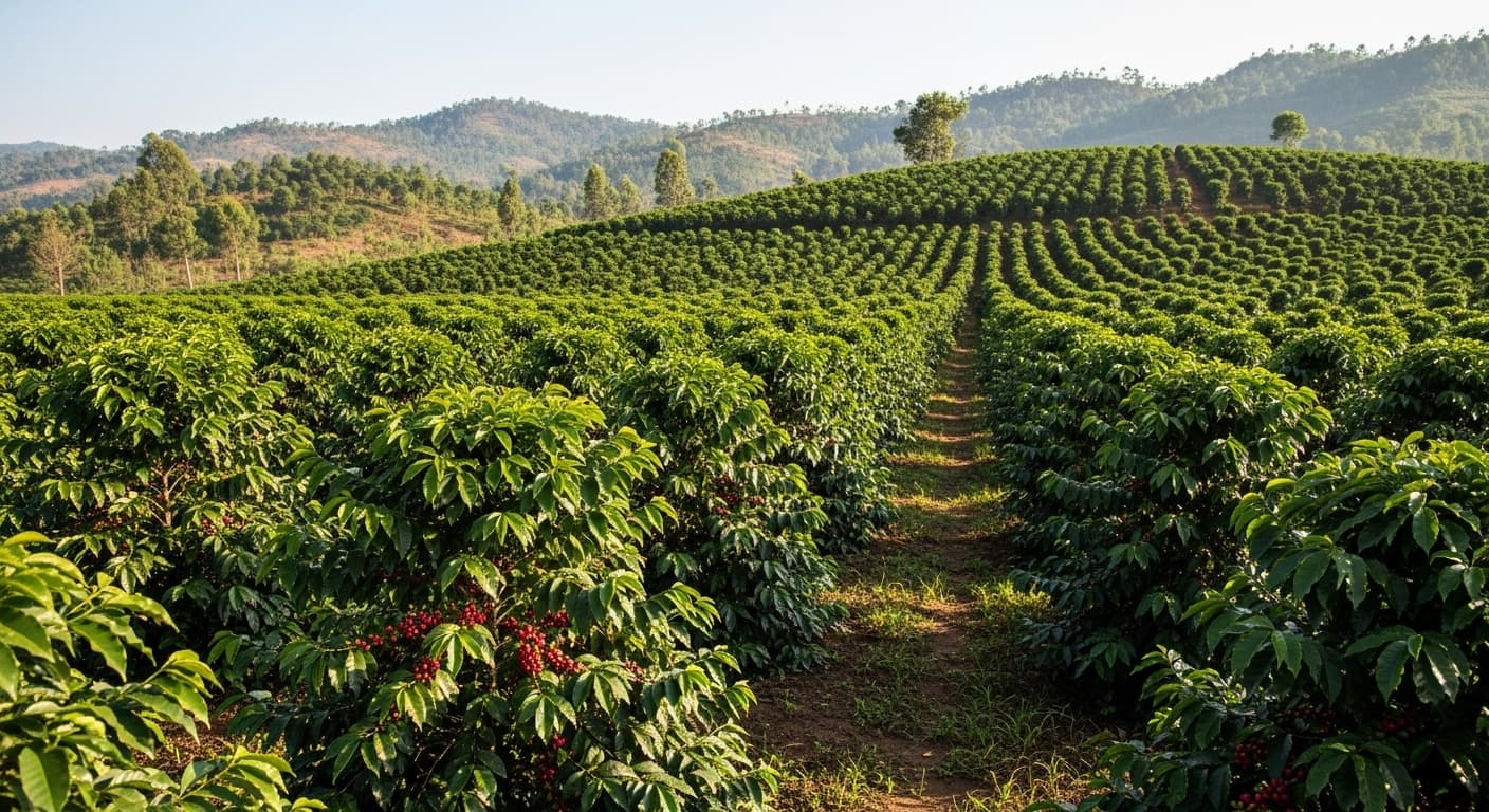 Campo di caffè in Uganda (immagine generata dall'IA)