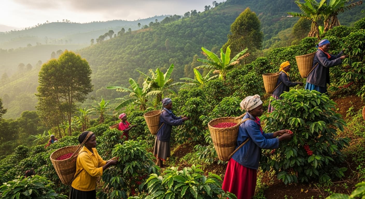 Agricoltori che raccolgono caffè in Uganda (immagine generata dall'IA)