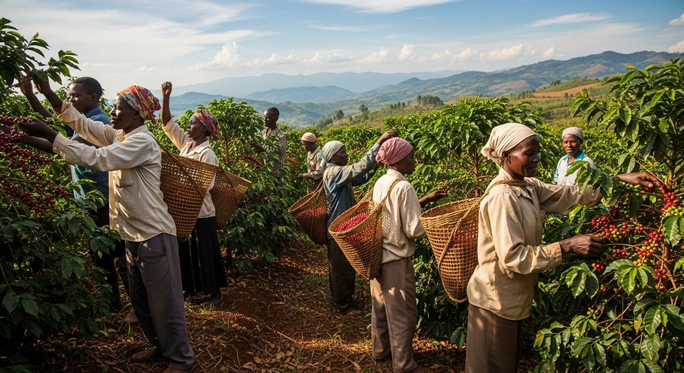 مزارعون يحصدون القهوة في أوغندا (صورة مُنشأة بواسطة الذكاء الاصطناعي)