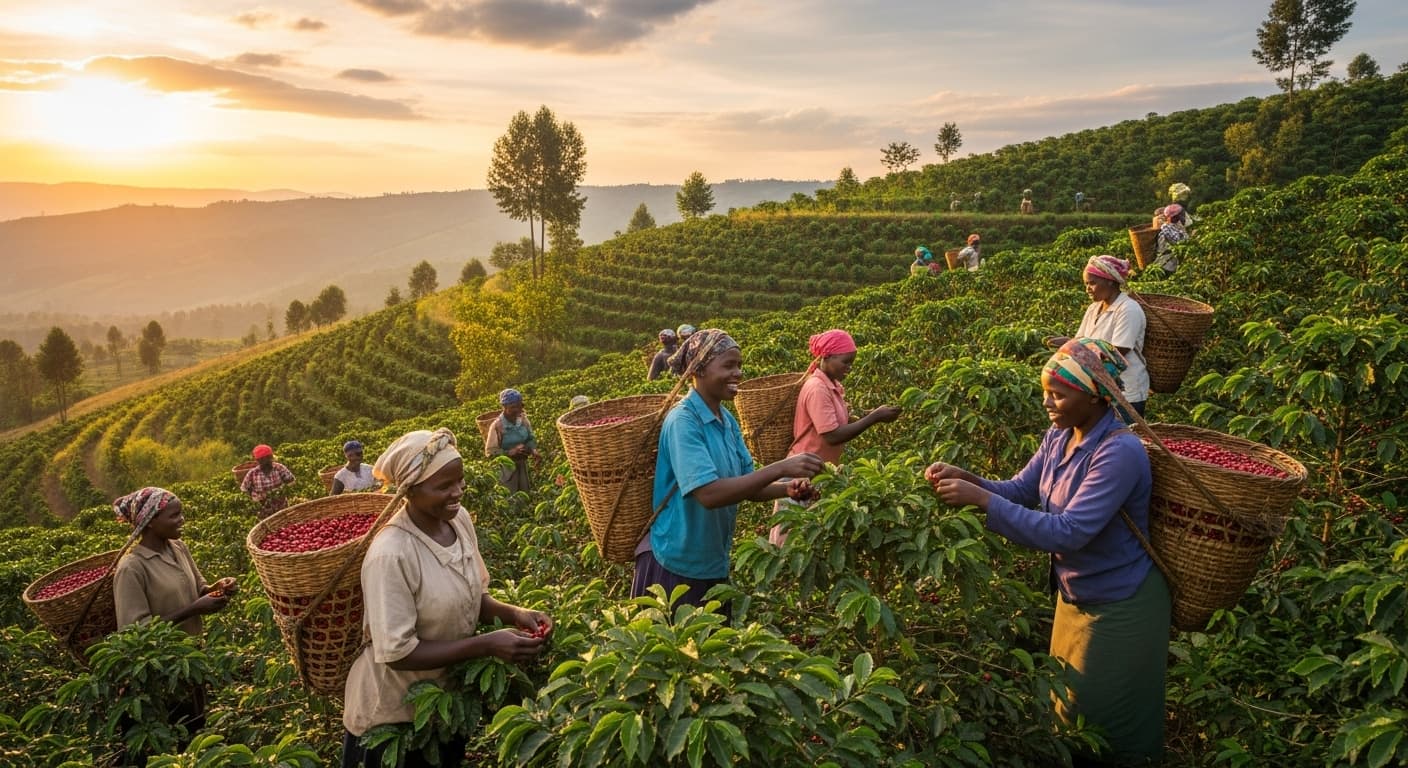 Agricultores cosechando café en Uganda (imagen generada por IA)