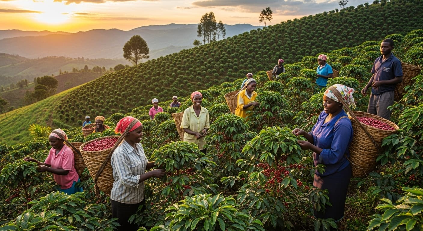 Farmers harvesting coffee in Uganda (AI-generated image)