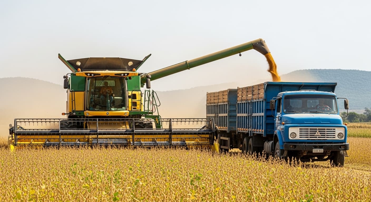 A combine harvester loading soybean grains onto a truck in Nigeria (AI-generated image)