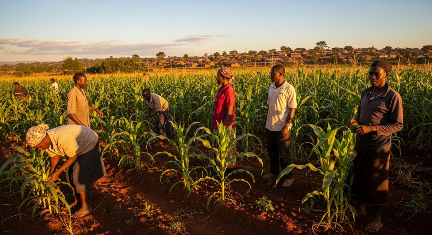 Agricultores trabajando en un campo de maíz en Kenia (imagen generada por IA).