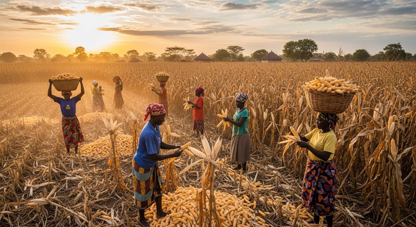 Farmers harvesting maize in Tanzania (AI-generated image).