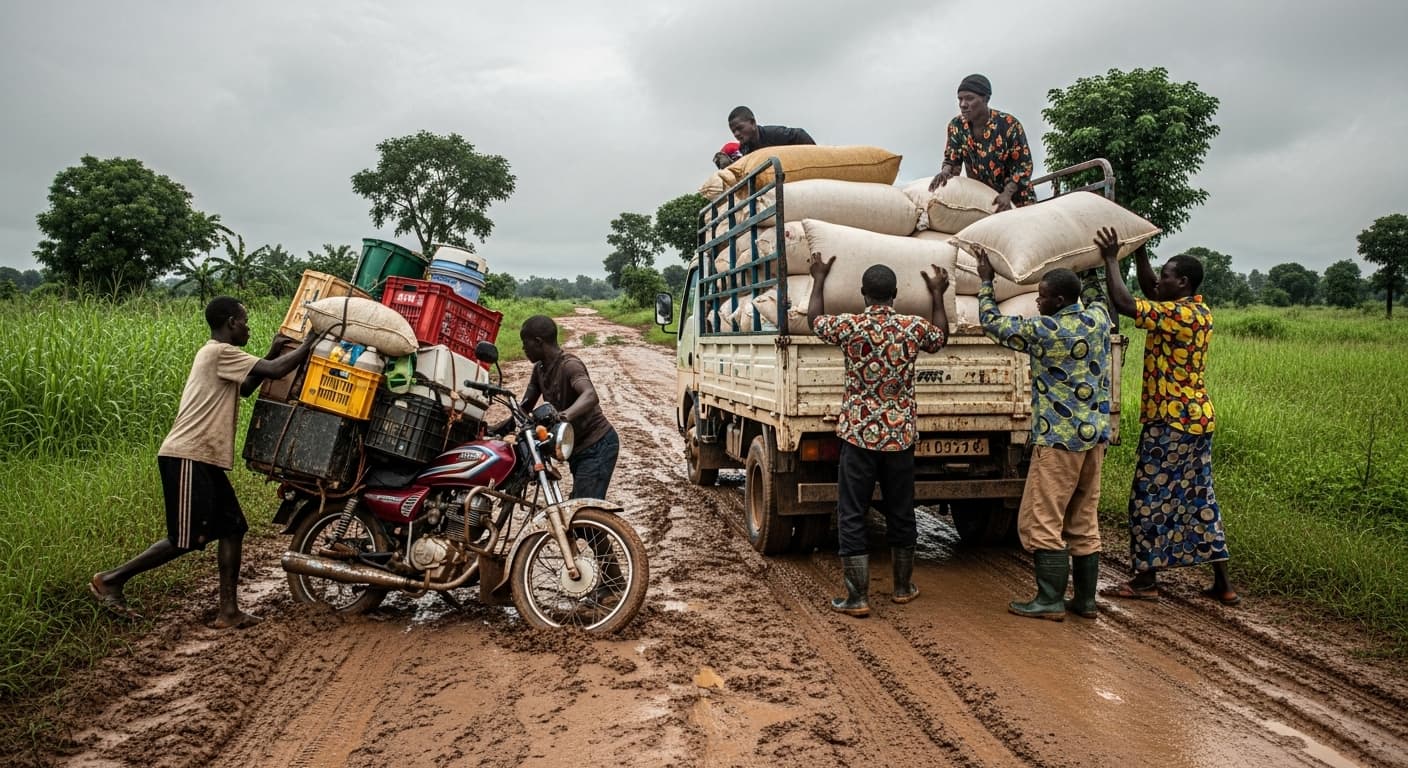 An overloaded motorcycle and a small truck are stuck on a muddy rural road while farmers load maize sacks under a cloudy sky in Ghana (AI-generated image).