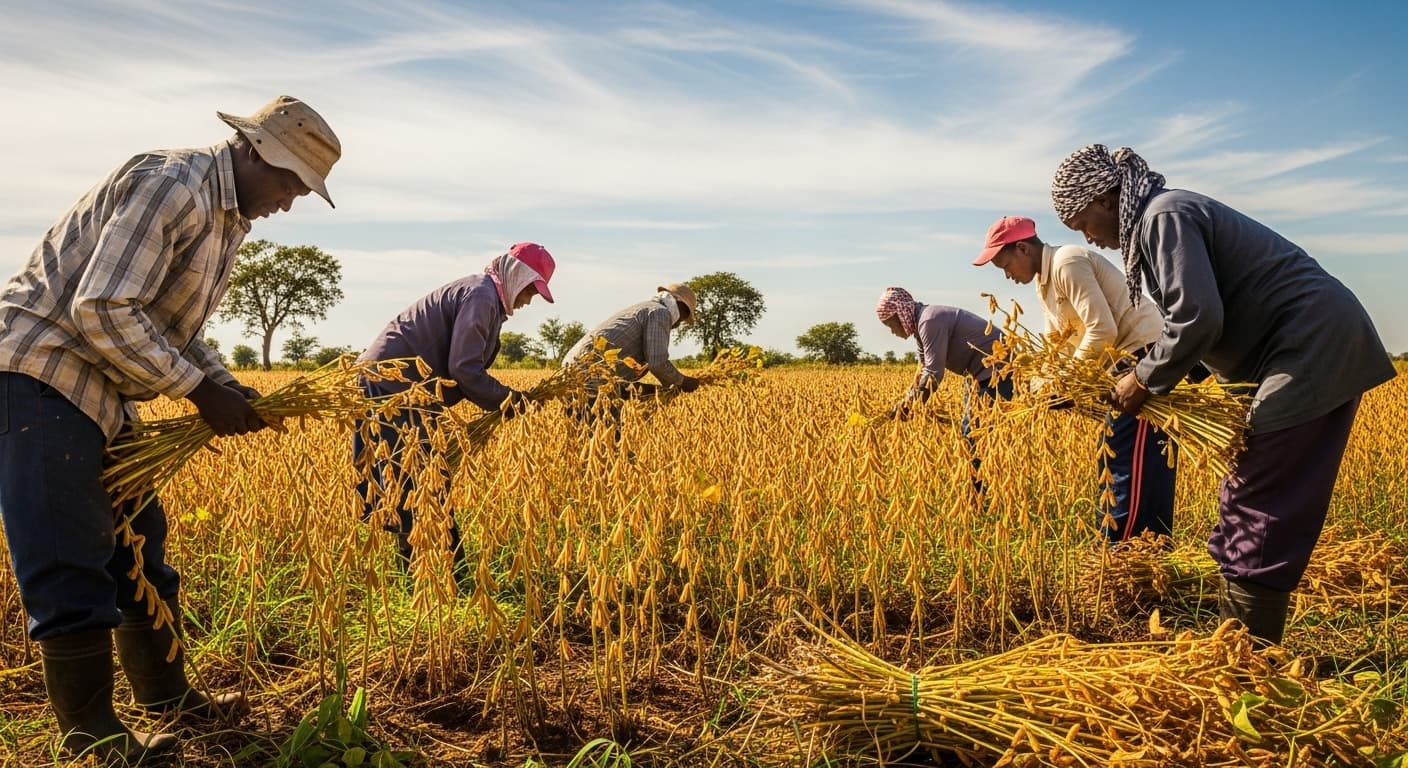 Des agriculteurs nigérians récoltant du soja (image générée par l'IA)
