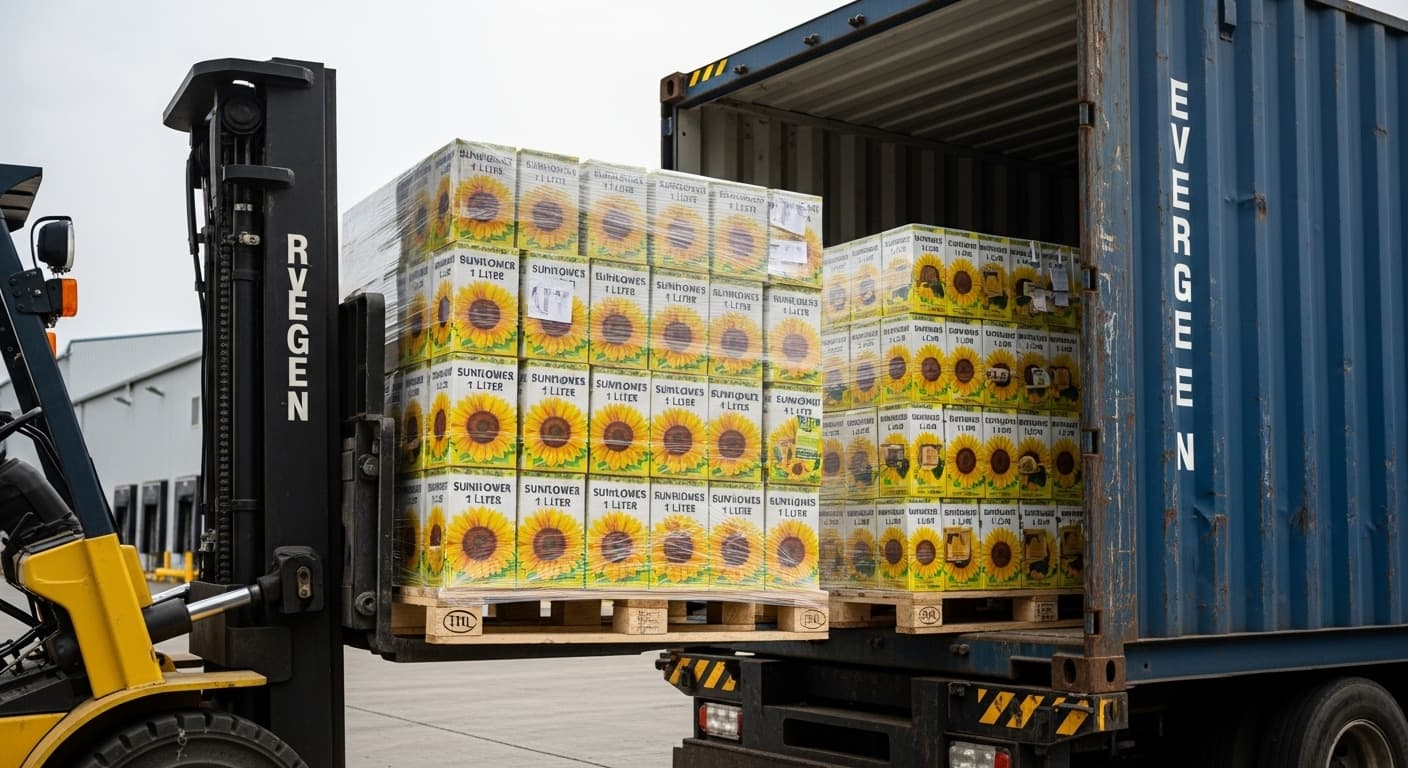 The pallets of sunflower oil cartons are loaded into a 20-foot container (AI-generated image)