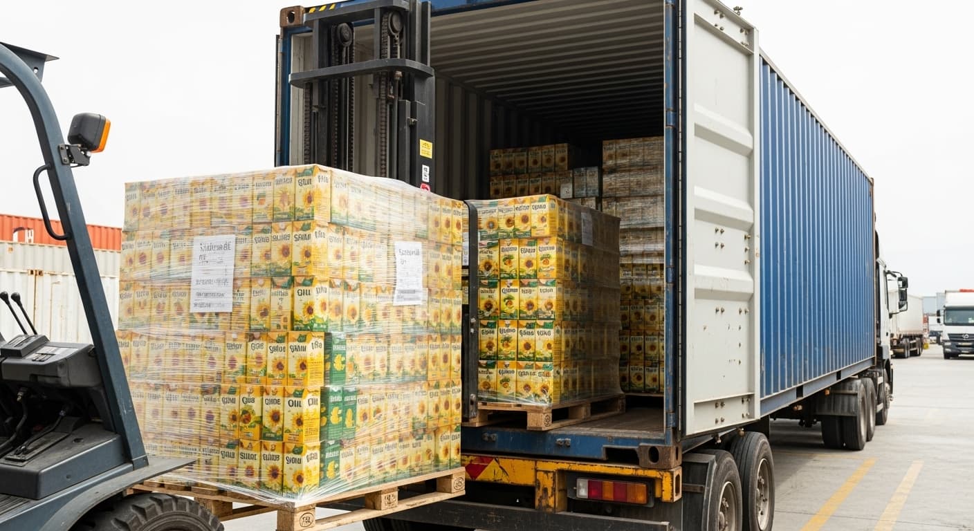 Les palettes de cartons d’huile de tournesol sont chargées dans un conteneur de 20 pieds (image générée par IA).