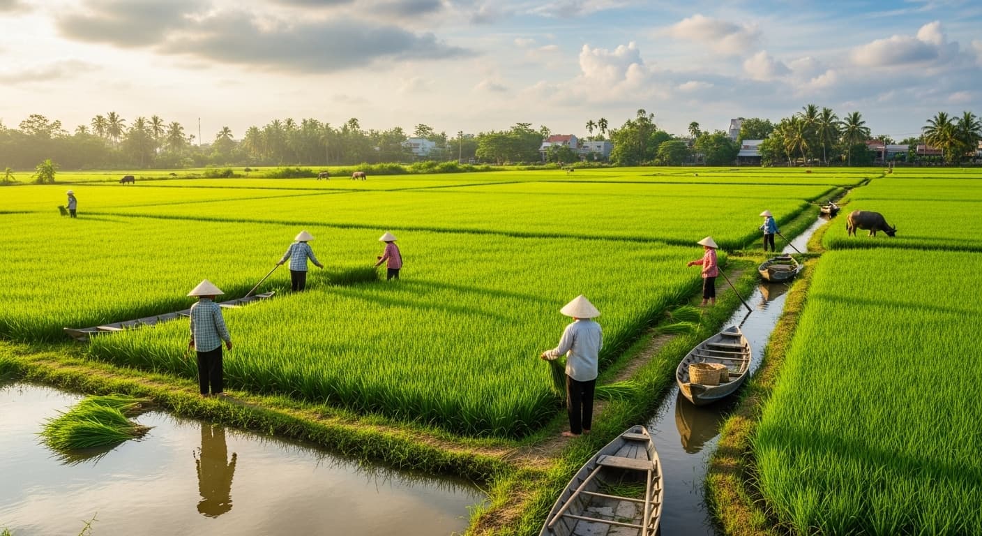 Un campo de arroz en el delta del Mekong, Vietnam. (Imagen generada por IA.)
