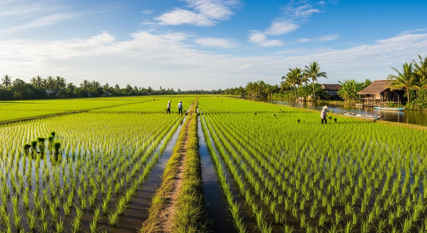 Un campo di riso nel delta del Mekong, Vietnam. (Immagine generata dall'IA.)