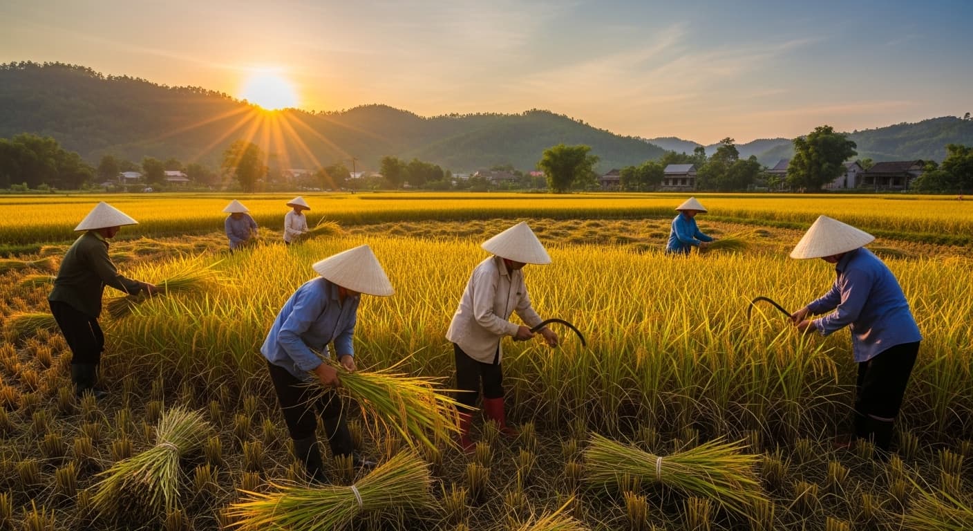 Os agricultores estão colhendo arroz no Vietnã. (Imagem gerada por IA.)