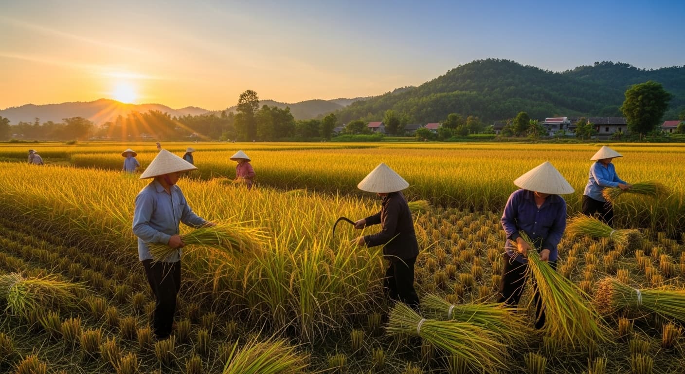 Die Bauern ernten Reis in Vietnam. (KI-generiertes Bild.)