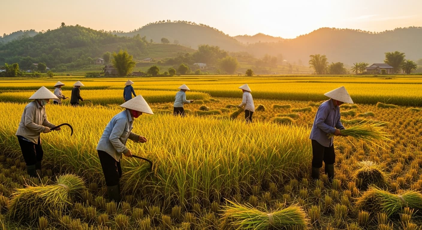 Los agricultores están cosechando arroz en Vietnam. (Imagen generada por IA.)