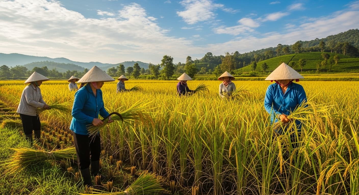 Gli agricoltori stanno raccogliendo riso in Vietnam. (Immagine generata dall’IA.)