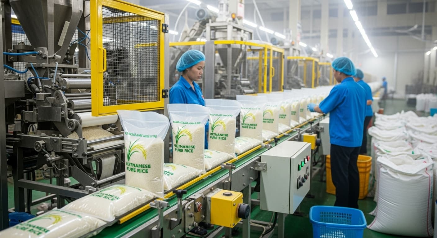 Una línea de envasado de arroz en Vietnam. (Imagen generada por IA.)