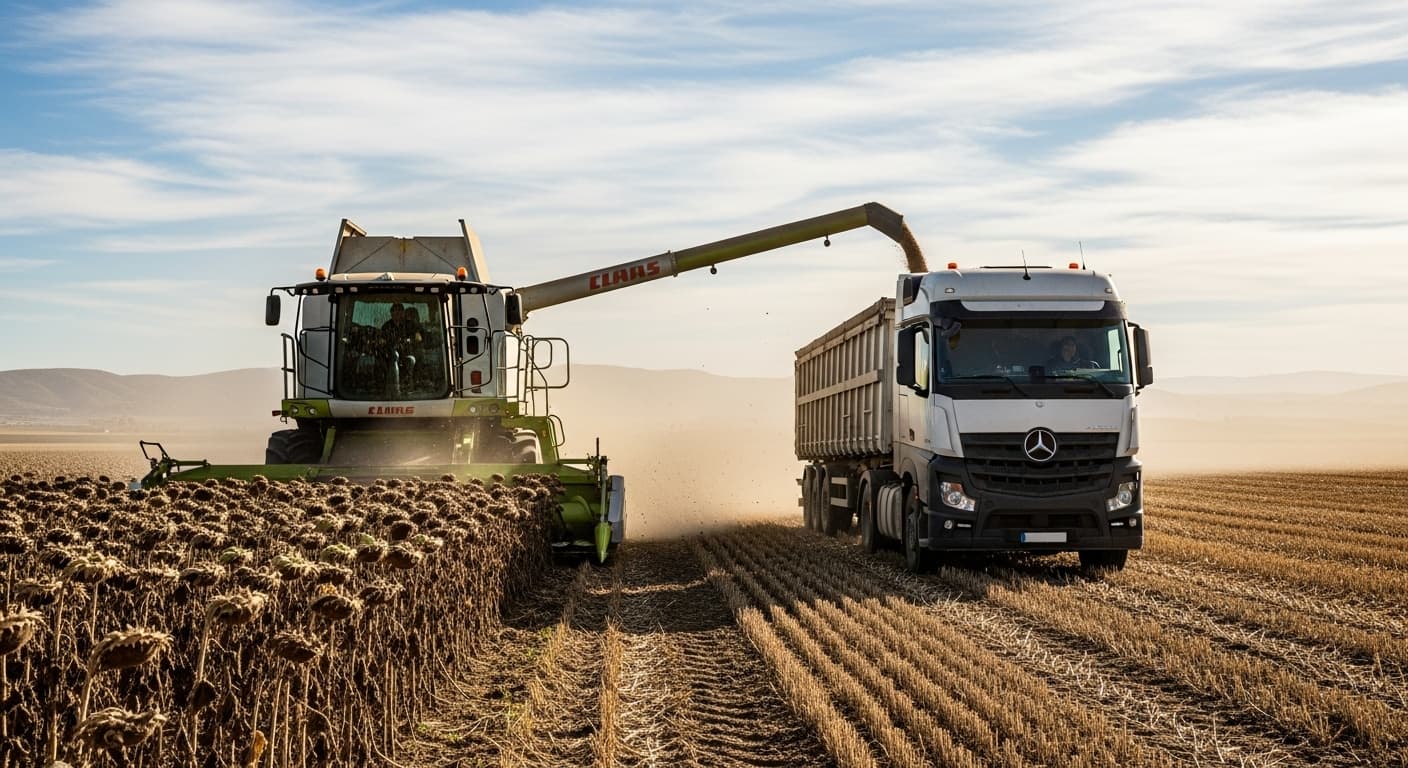 A sunflower harvester is harvesting dried, ripe sunflowers and filling the sunflower grains into a truck in Spain (AI-generated image).