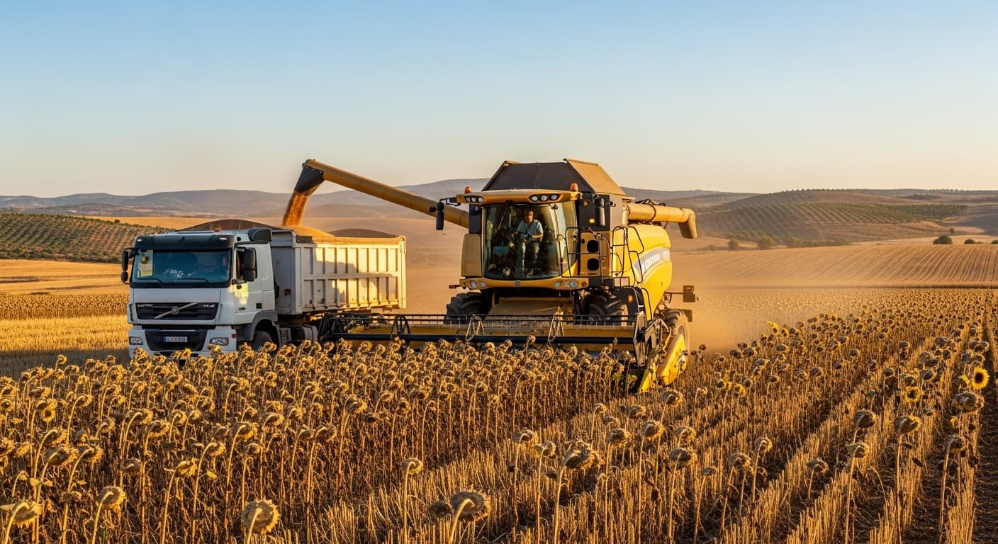 Une moissonneuse de tournesols récolte des tournesols secs et mûrs et remplit les graines de tournesol dans un camion en Espagne (image générée par IA).