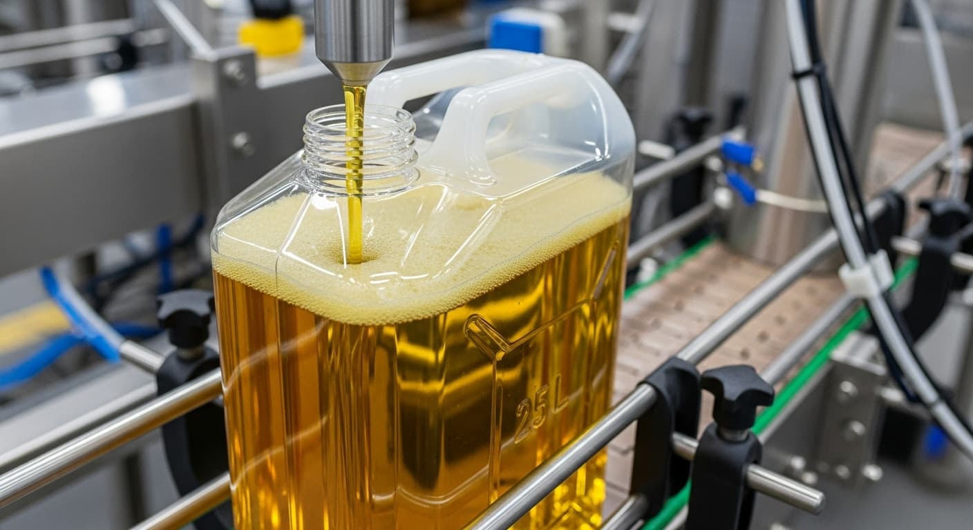 Sunflower oil filling a 25 L jerrican on a bottling line (AI-generated image).