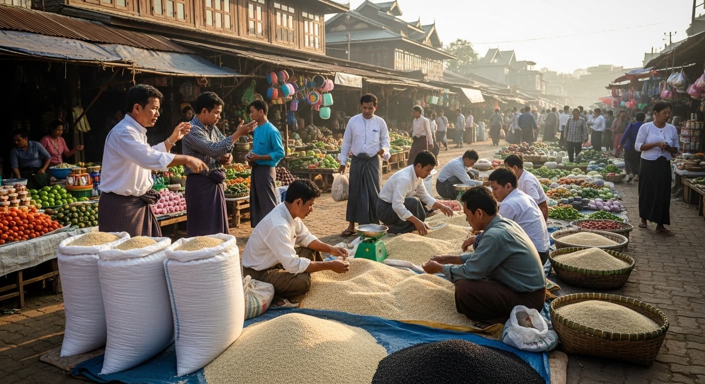 Escena de mercado con comerciantes y agricultores negociando la compra de sésamo en Myanmar (imagen generada por IA).