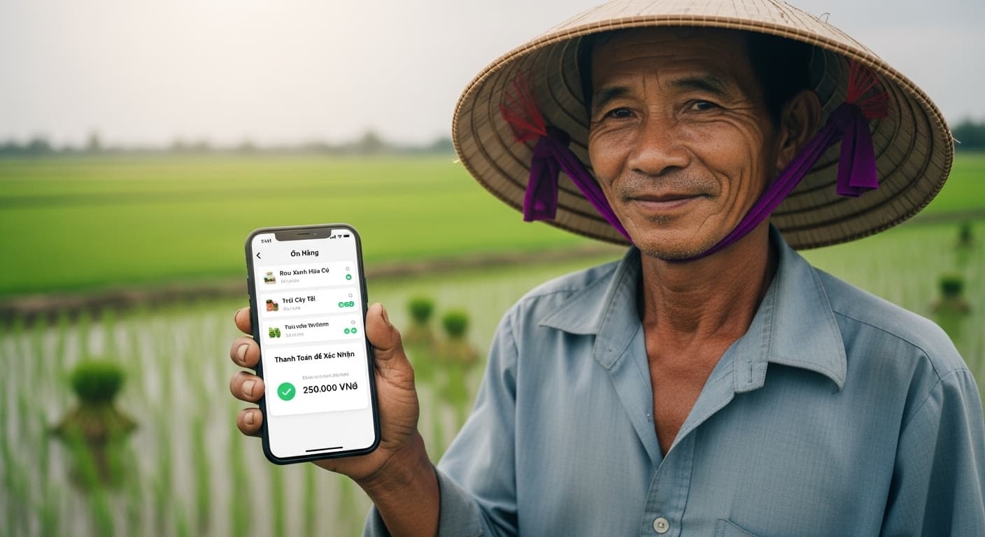 A Vietnamese farmer is holding a smartphone that displays a simple e-marketplace UI with orders and payment confirmations (AI-generated image).