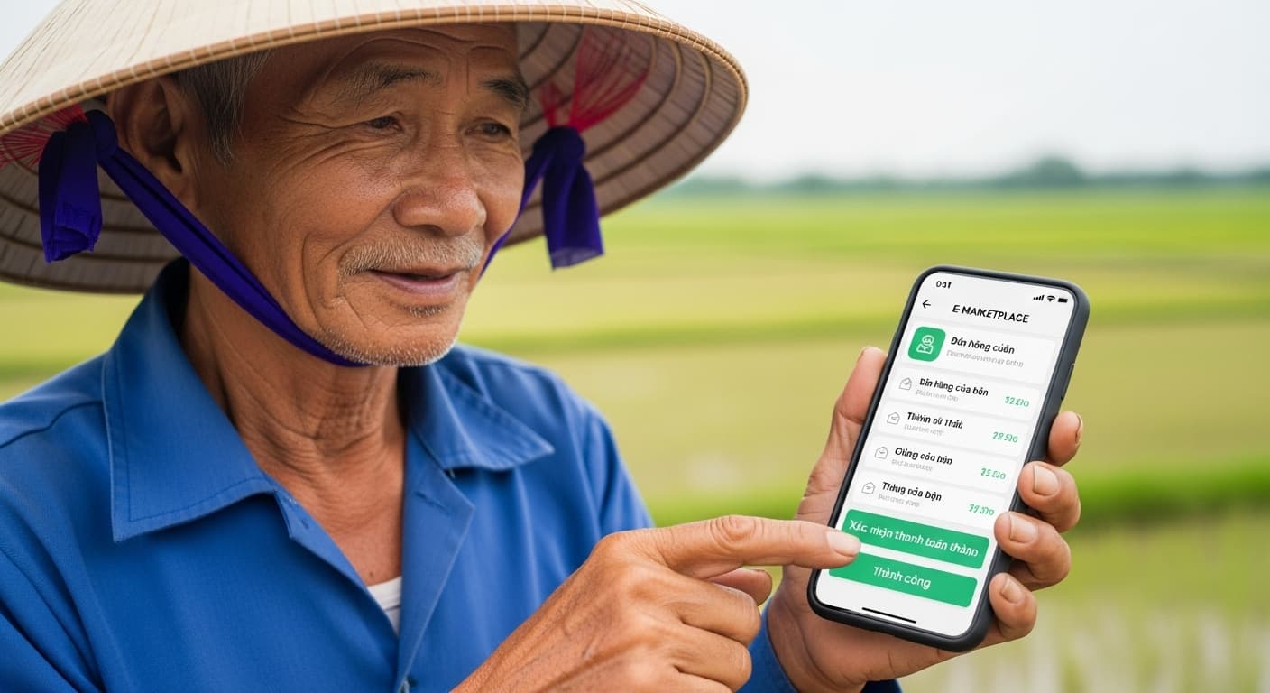 Un agricultor vietnamita sostiene un teléfono inteligente que muestra una interfaz sencilla de un mercado electrónico con pedidos y confirmaciones de pago (imagen generada por IA).