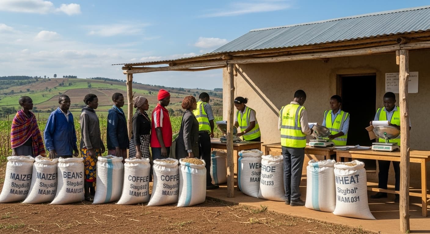 Farmers are lining up with labeled sacks at a well-organized rural collection point in Kenya (AI-generated image).