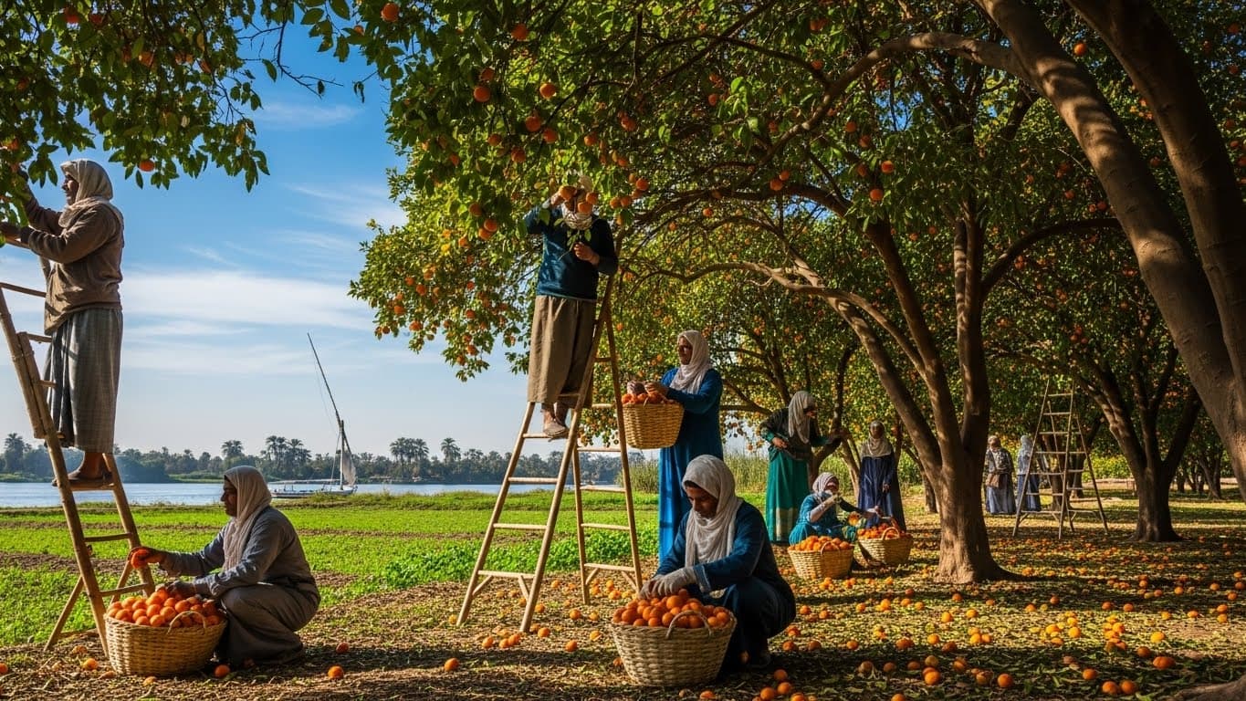 Agricultores egípcios colhendo tangerinas (imagem gerada por IA).